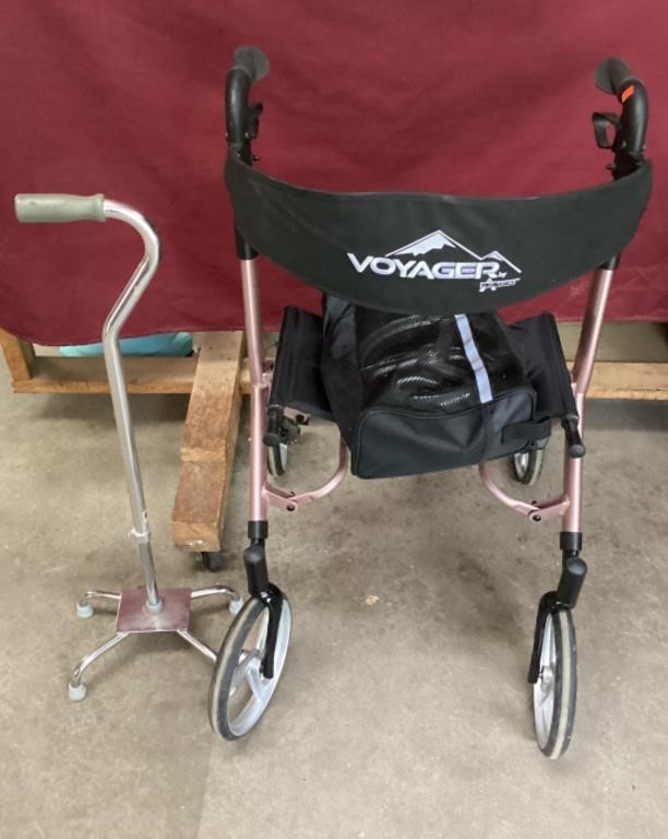 Portable Voyager Handicap Walker/Seat, Cane