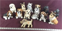 12 Dog Figurines and Wooden Dog Sign