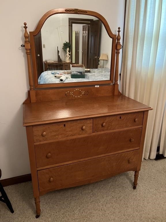 Antique Tiger Oak High Boy Dresser with Mirror