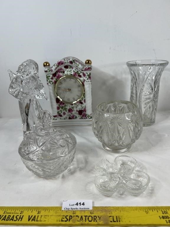 Vintage Clear Glass Lot and Mantle Clock