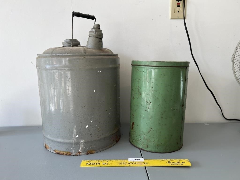 Old 5 Gal Fuel Gas Can & Large Tin Fuel of Old
