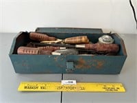 Old Metal Toolbox w/Contents Wood Handled Tools -