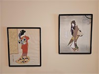 2 geisha girl fabric art framed