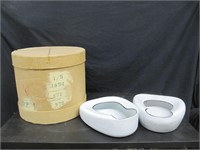 CARDBOARD CHEESE BOX & ENAMAL BED PANS/PLANTERS