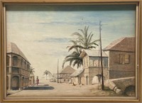 Vintage Tropical Street Scene Painting