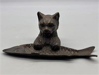 Vintage Bronze Cat & Fish Trinket / Pen Tray