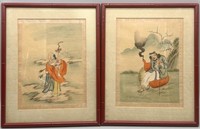 Pair Vintage Chinese Lithograph Prints on Bamboo