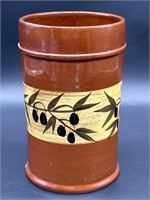 Italian Hand Painted Majolica Utensil Jar w/ Olive