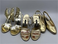 (3) Ladies Gold Tone High Heel Sandals & Flats: