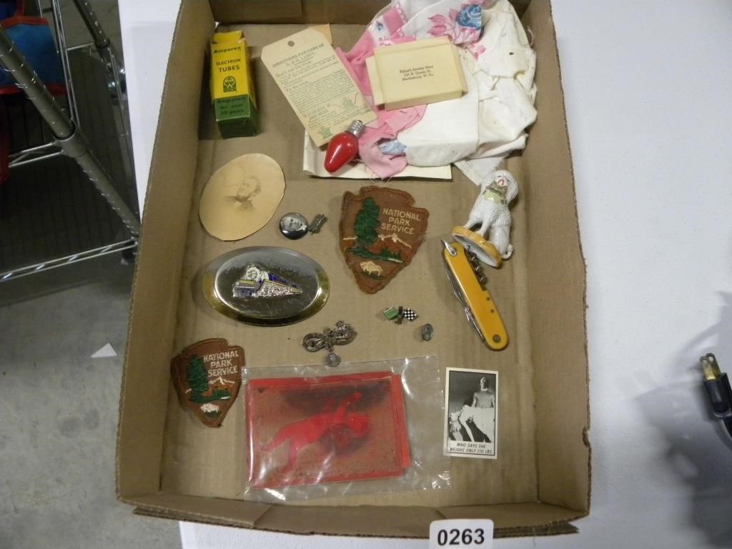 Collectibles lot patches, knife, railroad buckle