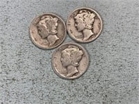 Three 1942 Mercury dimes