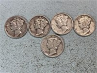 Five Mercury dimes