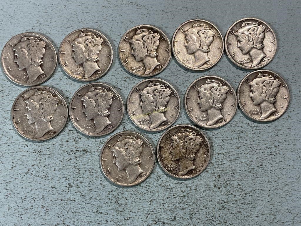 Twelve 1944 Mercury dimes