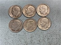 Six silver Roosevelt dimes