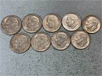 Nine silver Roosevelt dimes