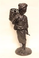 Japanese Signed Bronze Young Girl Carry a Basket