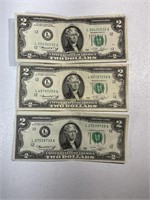 Three 1976 $2 Federal Reserve notes