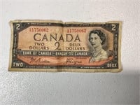 1954 Canada $2 note, tears and tatter