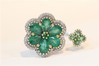Green Emerald & Diamond Floral Ring