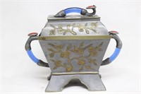 Republican Chinese Pewter Tea Caddy w Agate Finial