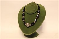 Cut Onyx Beads Necklace w Diamond and Gold Clasp