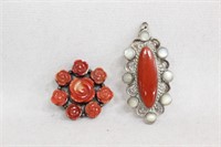 Coral Sterling Silver Pendant and Coral Brooch