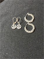 Two Pr Sterling silver earrings - peace symbols &