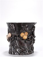 Chinese Zitan Wood Brushpot w Soapstone Inlaid