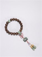 Chinese Chengxiang Wood Prayer Bracelet w Jadeite