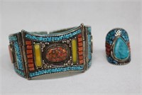 Tibetan Bangle and Ring Set w Turquoise Inlaid