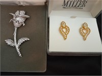 Nolan Miller Rose brooch and hanging earrings