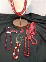 Shades of red vintage jewelry lot including a