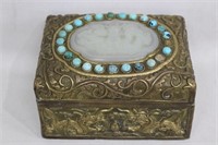 Chinese Brass Jewelry Box w Jade and Turquoise Inl