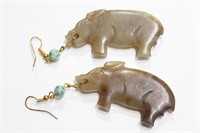 Pair of Earring w Chinese Jade Carved Pig