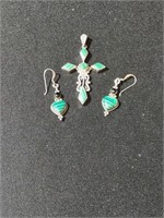 Sterling pendant and earring set, green malachite