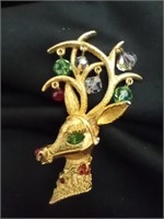 Fabulous Rudolph Gold tone brooch