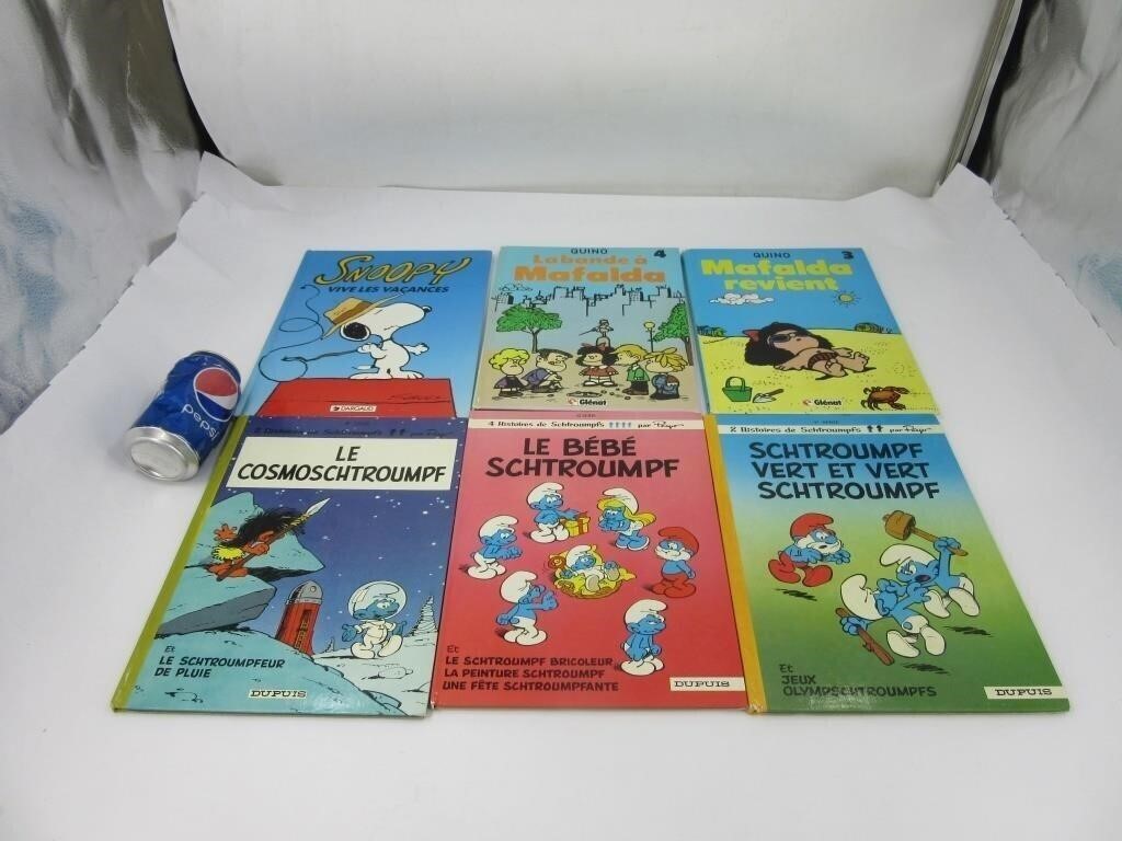 6 BD dont Mafalda, Schtroumpfs et Snoopy