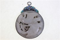 Chinese Jade Carved Plaque w Silver Mounted