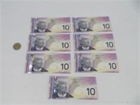 Série de 7 billets de 10$ Canada avec numéro de