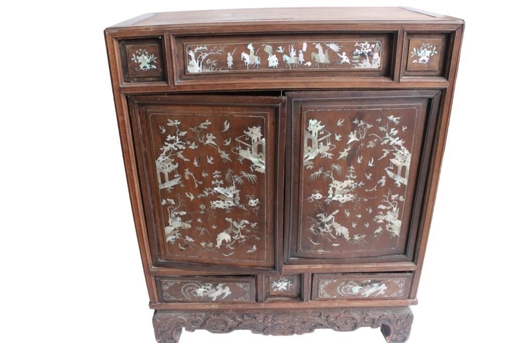 Chinese Wood Book Cabinet w Mother Pearl Inlaid
