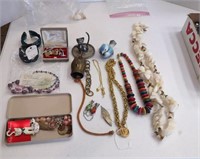 Misc lot of jewelry and trinkets. Owl bell,