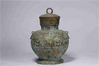 Chinese Bronze Cover Vase w Gold Inlaid