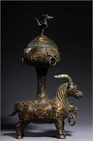 Chinese Bronze Incense Burner w Gold Inlaid