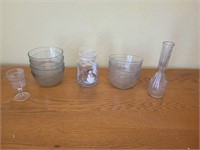 7 glass bowls, candy jar, vase, and chalice
