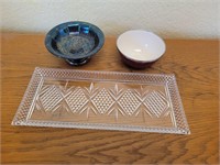 Glass serving tray, two bowls