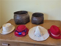2 wicker bins and 4 hats