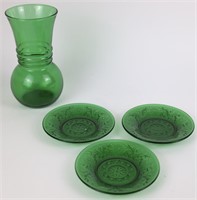 Emerald Green Glass Vase & Custard Cup Plates