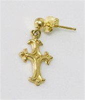 18k Karat solid Yellow Gold Single Cross Earring
