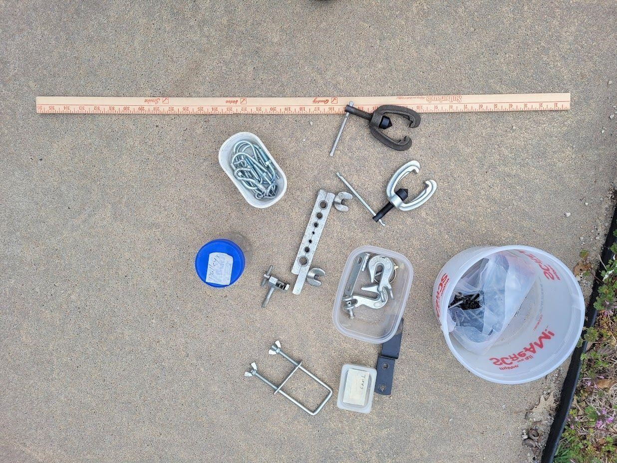 Hooks, sheet metal screws, bolt gauge, & clamps