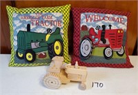Wooden tractor and 2 pillows
